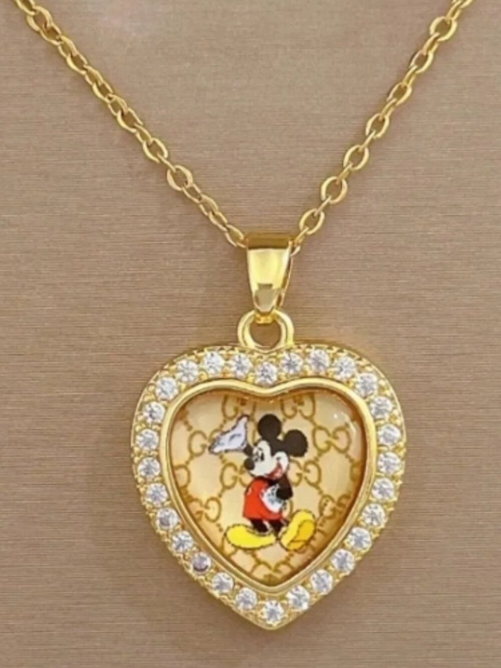 18K Gold Plated Diamond Mickey Heart Pendant Necklace